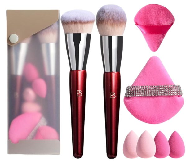 BS-MALL Foundation Makeup Brush & Powder Brush – Professional and Durable 8-piece Set with 4 Mini Makeup Sponge 2 Triangle Powder Puff, Comes with Storage Barrel (withTravel Case)