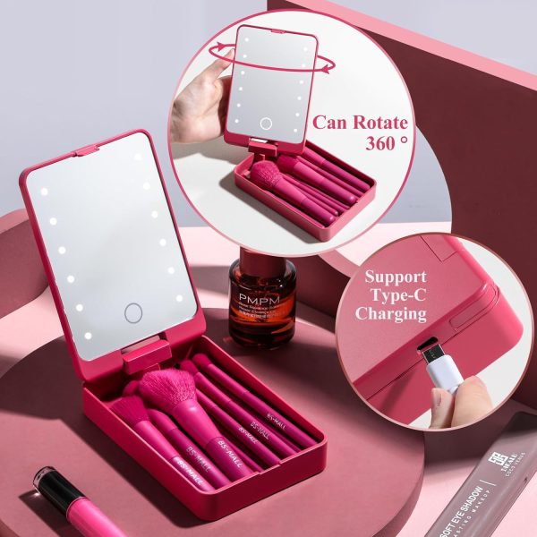 BS-MALL Travel Makeup Brush Set Foundation Powder Concealers Eye Shadows Makeup Set with LED light Mirror 14 Pcs (HotPink) - Image 2