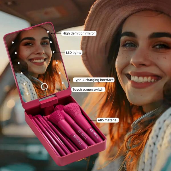 BS-MALL Travel Makeup Brush Set Foundation Powder Concealers Eye Shadows Makeup Set with LED light Mirror 14 Pcs (HotPink) - Image 4