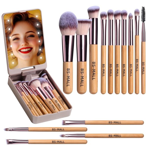 BS-MALL Travel Makeup Brush Set Foundation Powder Concealers Eye Shadows Makeup Set with LED light Mirror 14 Pcs (HotPink) - Image 6