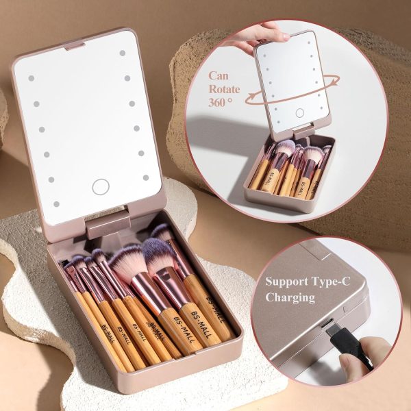BS-MALL Travel Makeup Brush Set Foundation Powder Concealers Eye Shadows Makeup Set with LED light Mirror 14 Pcs (HotPink) - Image 8