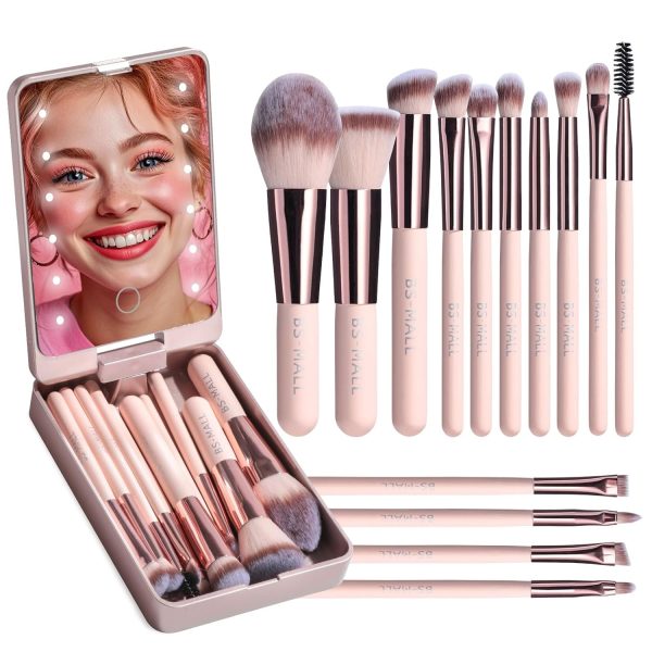 BS-MALL Travel Makeup Brush Set Foundation Powder Concealers Eye Shadows Makeup Set with LED light Mirror 14 Pcs (HotPink) - Image 13
