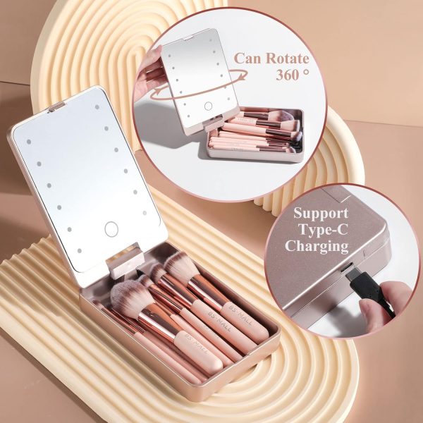 BS-MALL Travel Makeup Brush Set Foundation Powder Concealers Eye Shadows Makeup Set with LED light Mirror 14 Pcs (HotPink) - Image 14
