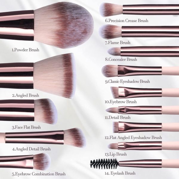 BS-MALL Travel Makeup Brush Set Foundation Powder Concealers Eye Shadows Makeup Set with LED light Mirror 14 Pcs (HotPink) - Image 18