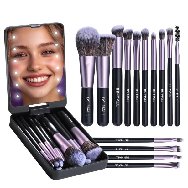 BS-MALL Travel Makeup Brush Set Foundation Powder Concealers Eye Shadows Makeup Set with LED light Mirror 14 Pcs (HotPink) - Image 19