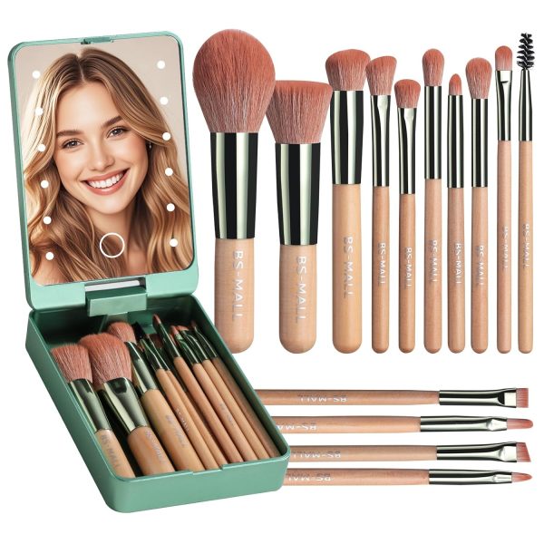 BS-MALL Travel Makeup Brush Set Foundation Powder Concealers Eye Shadows Makeup Set with LED light Mirror 14 Pcs (HotPink) - Image 25