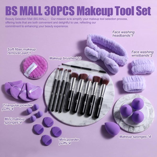 BS-MALL Makeup Brushes Set 30 Pcs – Including Face Washing Puffs, Blush Powder Bronzer Foundation Eyeshadow Concealer Brushes, and Mini Makeup Sponge Makeup Sponges Set (Black) - Image 2