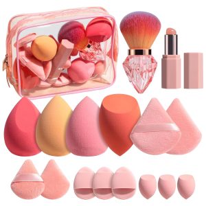 Makeup Sponge Set BS-MALL Triangle Puff 16 Pcs with Lip Brush Powder Brush for Liquid, Cream, and Powder, Multi-colored Makeup Sponges and Mini Sponge with Clear Case